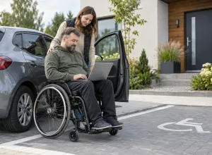 Cilvēks riteņkrēslā pie automašīnas lieto datoru kopā ar atbalsta personu