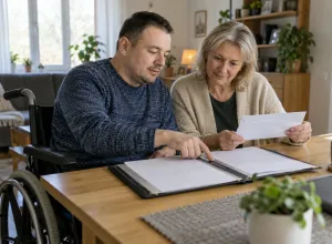 Cilvēks riteņkrēslā kopā ar tuvinieci pie galda pārskata aploksni un sakārtotu dokumentu mapi