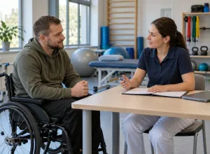 Cilvēks riteņkrēslā rehabilitācijas kabinetā pārrunā individuālo plānu ar speciālisti