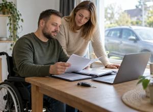 Vīrietis riteņkrēslā kopā ar tuvinieci pie datora pārskata auto dokumentus