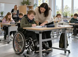 Skolēns riteņkrēslā pilda uzdevumu klasē, kamēr asistente palīdz pie mācību galda