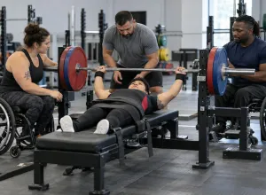Para pauerliftinga sportiste izpilda spiešanu guļus, trenerim un komandas biedriem palīdzot