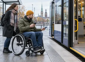 Vīrietis riteņkrēslā ar transporta karti un tālruni gatavojas iekāpt zemās grīdas sabiedriskajā transportā.