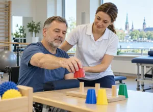 Pacients rehabilitācijas telpā vingrina rokas kustību fizioterapeites vadībā