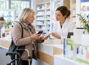Aptiekā farmaceite izskaidro zāļu iepakojumu klientei, kura izmanto staigāšanas rāmi