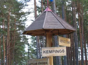 Koka norādes uz kempingu priežu mežā
