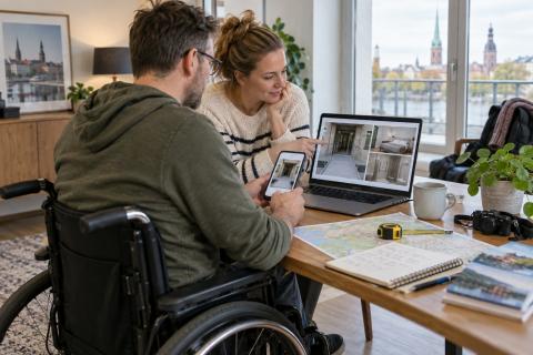 Riteņkrēsla lietotājs un pavadone pie datora pārbauda naktsmītnes ieeju, numuru un sanitāro telpu