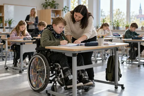 Skolēns riteņkrēslā pilda uzdevumu klasē, kamēr asistente palīdz pie mācību galda