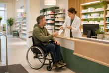 Cilvēks ratiņkrēslā kopā ar farmaceiti pie pieejamas aptiekas letes pārbauda recepšu zāļu pirkuma čeku.