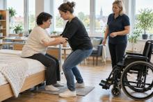 Aprūpētāja mācību dalībniece vingrina drošu pārsēšanos instruktora vadībā