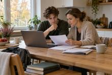 Students un viņa mamma pie virtuves galda aizpilda pabalsta pieteikumu datorā