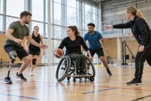 Parasportisti kopā ar treneri izpilda bumbas vingrinājumu gaišā un pieejamā sporta zālē.