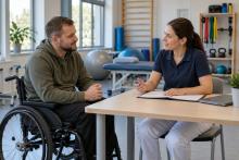 Cilvēks riteņkrēslā rehabilitācijas kabinetā pārrunā individuālo plānu ar speciālisti
