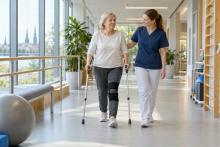 Paciente ar kruķiem fizioterapeites pavadībā iet pa gaišu rehabilitācijas centra gaiteni