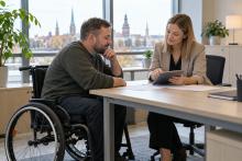 Vīrietis riteņkrēslā kopā ar sociālo darbinieci pie pieejama galda pārrunā plānu planšetē.