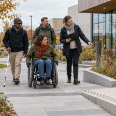 Cilvēki pārbauda pieejamu gājēju ceļu pie publiskas ēkas rudens ainavā