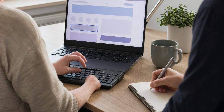 Cilvēks ar ierobežotu roku kustību testē tīmekļvietni ar tastatūru, kamēr kolēģis pieraksta novērojumus.