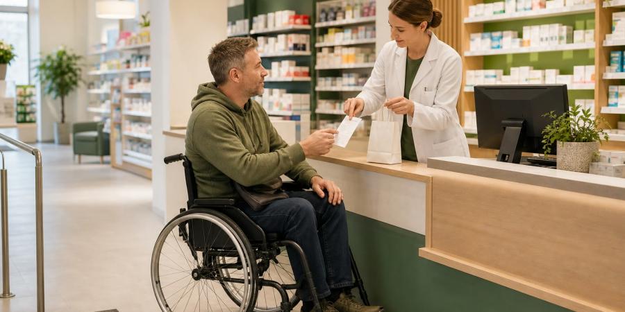 Cilvēks ratiņkrēslā kopā ar farmaceiti pie pieejamas aptiekas letes pārbauda recepšu zāļu pirkuma čeku.