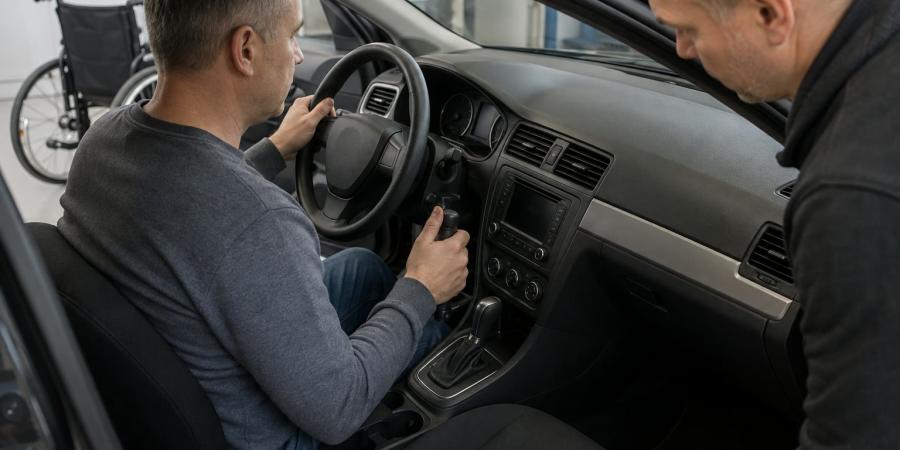 Cilvēks riteņkrēslā kopā ar tehniķi darbnīcā apskata automobilī uzstādītu rokas vadības ierīci.