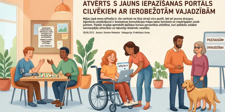 Cilvēki centrā socializējas, daži pie galda, citi ar suni, veidojot draudzīgu vidi.