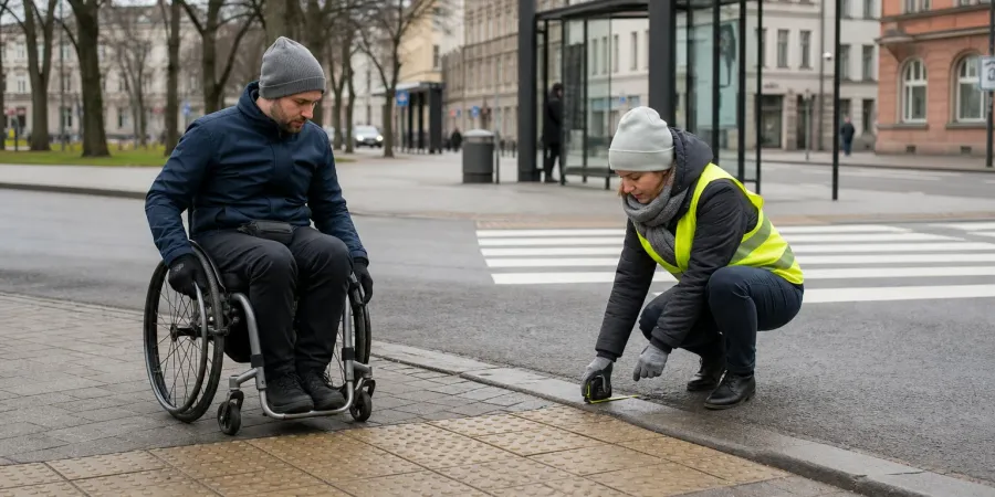 Cilvēks ratiņkrēslā un pašvaldības speciāliste pārbauda apmales augstumu pie gājēju pārejas.
