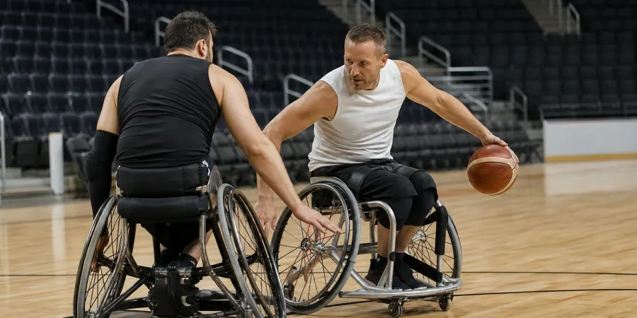 Divi riteņbasketbolisti sporta riteņkrēslos cīnās par bumbu iekštelpu laukumā.