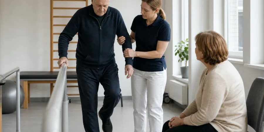 Fizioterapeite rehabilitācijas zālē palīdz vecākam vīrietim vingrināt līdzsvaru, kamēr tuviniece vēro nodarbību.