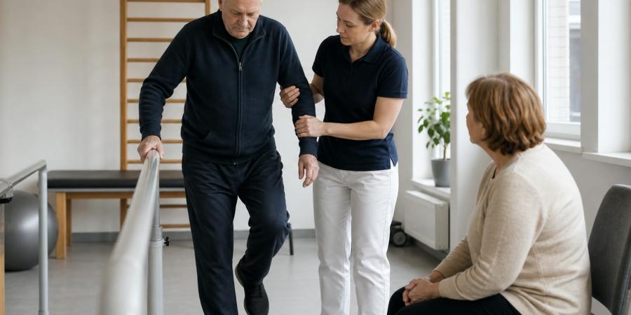 Fizioterapeite rehabilitācijas zālē palīdz vecākam vīrietim vingrināt līdzsvaru, kamēr tuviniece vēro nodarbību.