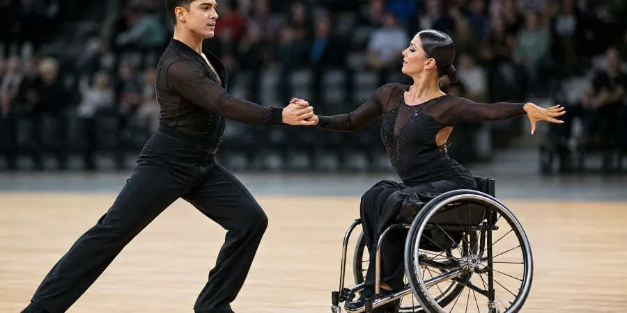 Para deju pāris sporta zālē izpilda sinhronu pagriezienu, vienam dejotājam izmantojot riteņkrēslu.