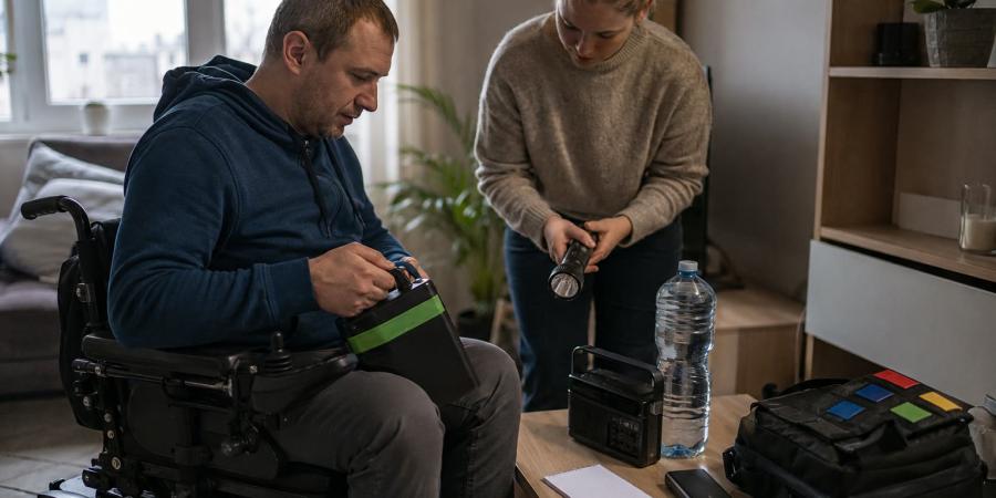 Elektriskā riteņkrēsla lietotājs ar atbalsta personu pārbauda akumulatoru, lukturīti un ārkārtas piederumus.