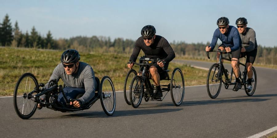 Trīs para riteņbraucēju ekipāžas ar rokas velosipēdu, triciklu un tandēmu brauc pa slēgtu šosejas trasi.