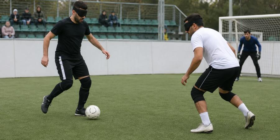 Divi spēlētāji ar acu aizsegiem sacenšas par bumbu neredzīgo futbola laukumā ar sānu apmalēm.