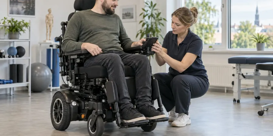Elektriskā riteņkrēsla lietotājs kopā ar ergoterapeiti regulē vadības ierīci rehabilitācijas telpā.