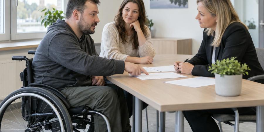 Vīrietis riteņkrēslā norāda uz anketu, sarunājoties ar novērtēšanas speciālisti un atbalsta personu.