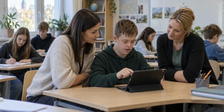Skolēns klasē lieto planšetdatoru, kamēr skolotāja un atbalsta speciāliste palīdz izvēlēties mācību darbību.