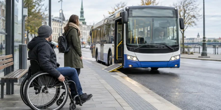 Riteņkrēsla lietotājs un pasažiere pie piekļūstamas pieturas gaida pilsētas autobusu ar izlaistu rampu.
