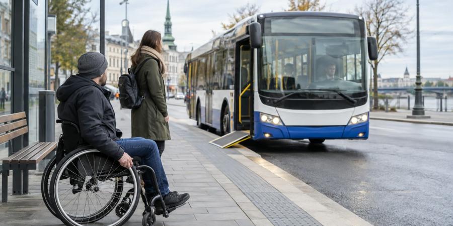 Riteņkrēsla lietotājs un pasažiere pie piekļūstamas pieturas gaida pilsētas autobusu ar izlaistu rampu.
