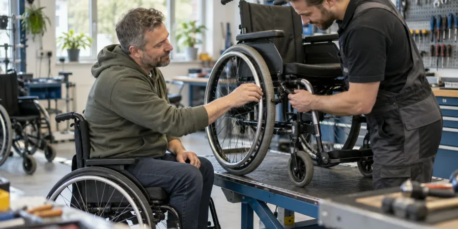 Riteņkrēsla lietotājs kopā ar tehniķi pārbauda riteņkrēsla riteni darbnīcā