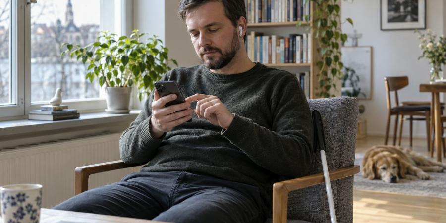 Vīrietis ar balto spieķi klausās austiņā un lieto viedtālruni gaišā istabā