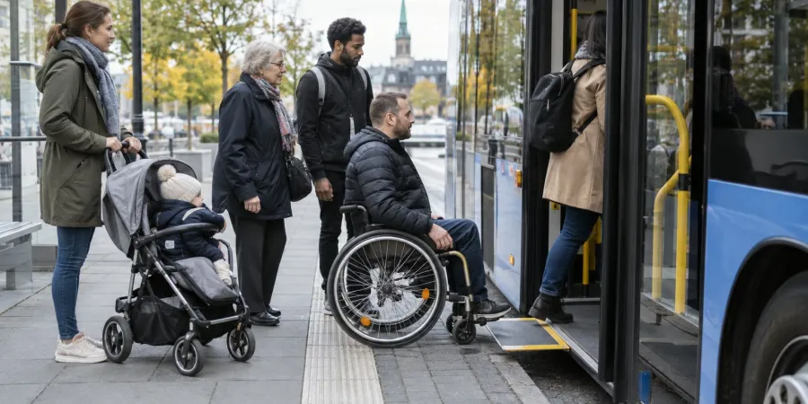 Riteņkrēsla lietotājs kopā ar citiem pasažieriem iekāpj zemās grīdas autobusā