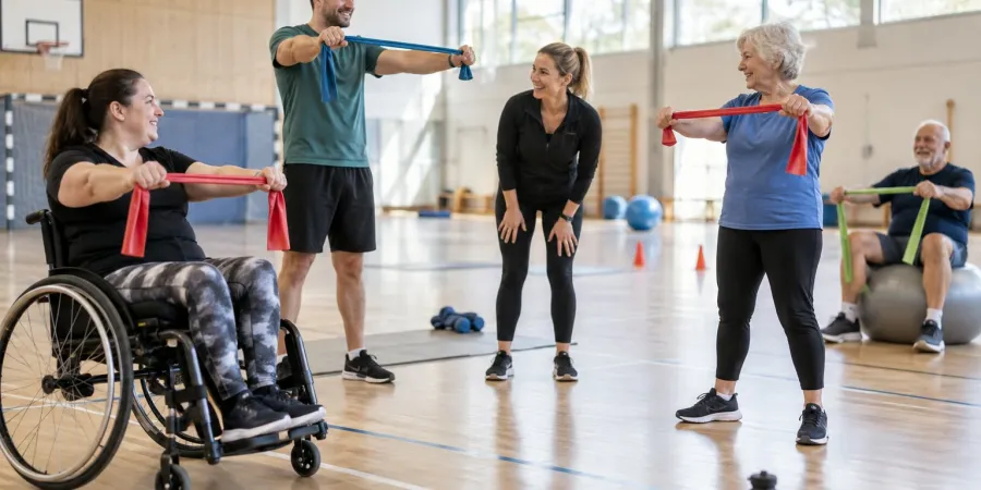 Dažādu paaudžu cilvēki sporta zālē kopīgi vingro ar elastīgajām lentēm