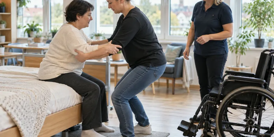Aprūpētāja mācību dalībniece vingrina drošu pārsēšanos instruktora vadībā