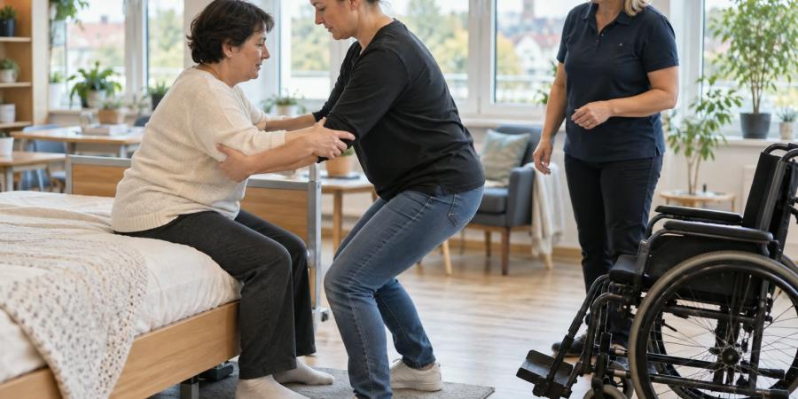 Aprūpētāja mācību dalībniece vingrina drošu pārsēšanos instruktora vadībā