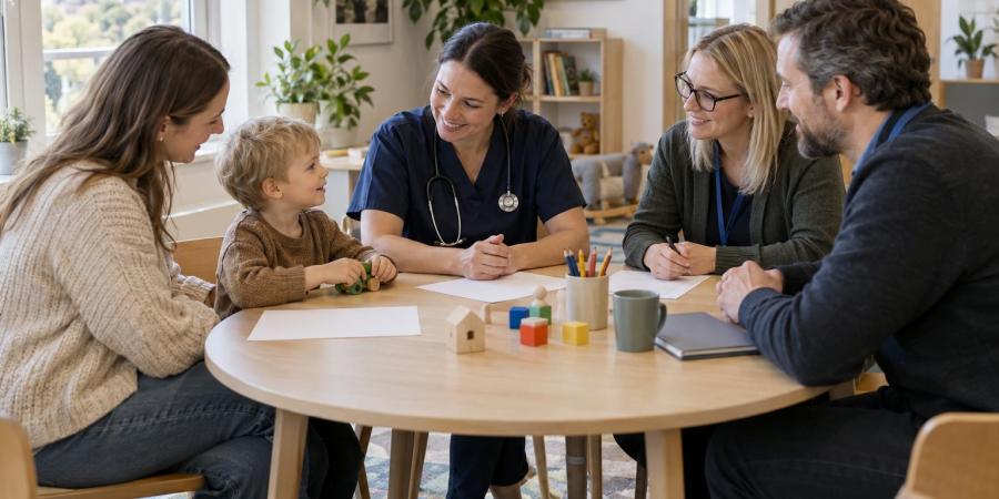 Bērns ar vecāku un trim speciālistiem pie apaļa galda kopīgi pārrunā atbalsta plānu