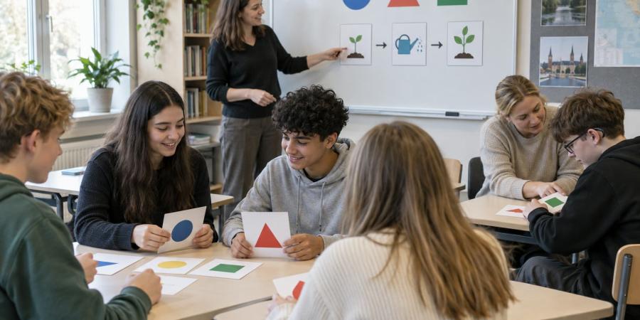 Skolotāja un pedagoga palīgs atbalsta skolēnus kopīgā uzdevumā ar vizuālām kartītēm