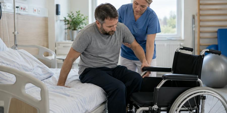 Rehabilitācijas speciāliste palīdz pacientam droši pārsēsties no slimnīcas gultas riteņkrēslā
