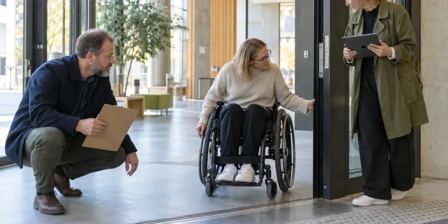 Pieejamības audita dalībnieki pārbauda ieeju un pārvietošanās ceļu publiskā ēkā