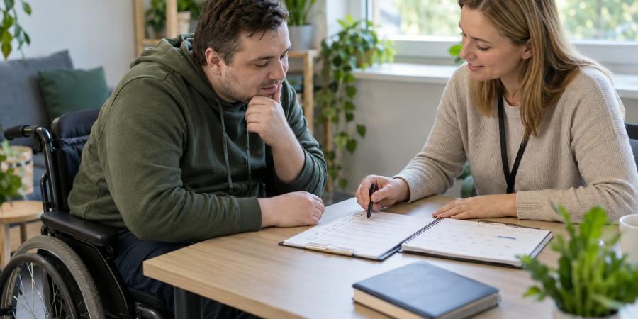 Vīrietis riteņkrēslā kopā ar speciālisti pārskata rehabilitācijas plānu pie galda