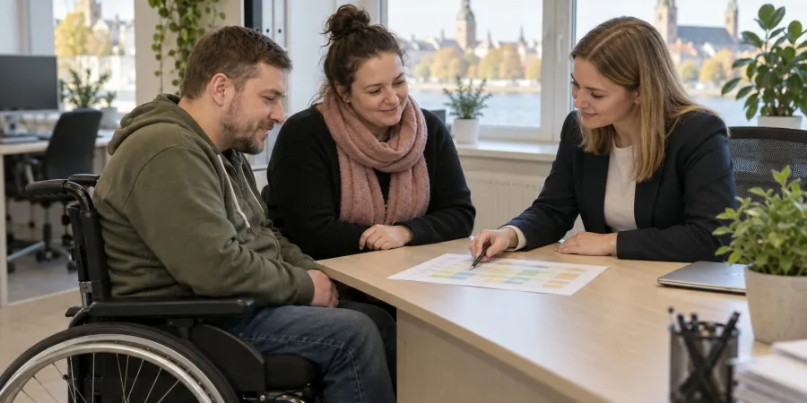 Riteņkrēsla lietotājs un asistente kopā ar sociālo darbinieci pārskata pakalpojuma grafiku