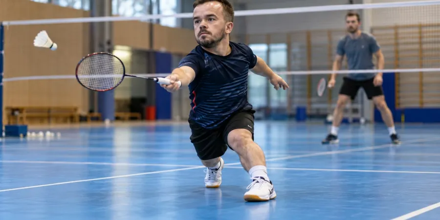 Maza auguma sportists izklupienā atsit volānu badmintona laukumā, treniņu partnerim stāvot fonā